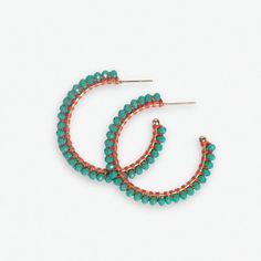 Lillian Crystal Threaded Beads Hoop Turquoise SMALL HOOP Turquoise Hoop Earrings With Dangling Beads, Turquoise Beaded Hoop Earrings, Human Hands, Human Hand, Beaded Hoops, Everyday Accessories, Free Spirited, Maroon Color, Brass Hardware