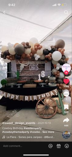 an image of a birthday party with balloons and decorations on the back of a horse drawn wagon