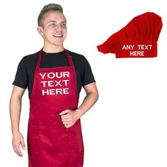 a man wearing an apron and red hat with the text your text here on it