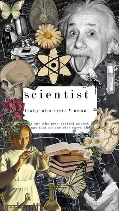 a collage of science related images with the words scientist on it and an image of a woman holding a book