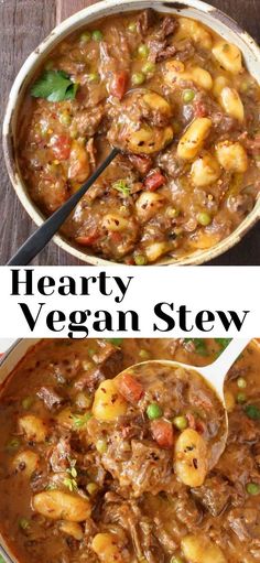 hearty vegan stew with shrimp and vegetables in a large pot on a wooden table