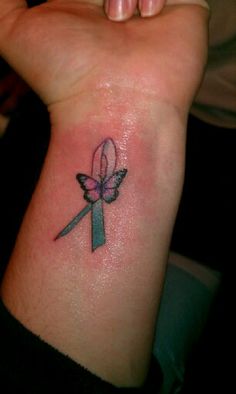 a woman's wrist tattoo with a pink ribbon and a green bow on it