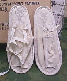 Original Vietnam Surplus. Dated 1969. Military issue hospital slippers. Still sealed in original packs. Size 2 only (fits about 8-9 shoe size). These are canvas with cotton ties. These ship for free. Hospital Slippers, Orange Monkey, San Angelo, Vietnam, Size 2, Slippers, For Free, Canvas