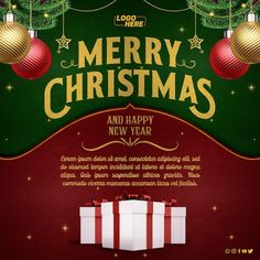 merry christmas and happy new year greeting card with presents under the tree on red background