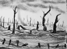 a drawing of barbed wire and trees