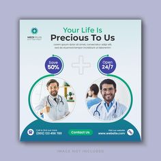 a medical flyer template with two doctors on the front and back side, in blue tones