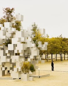 a man is standing in front of a sculpture made of squares and trees on the ground