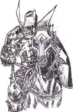 a black and white drawing of a man in armor