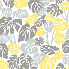 a yellow and gray wallpaper with large leaves on the bottom half of each leaf