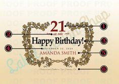 the 21st birthday card for amanda smith is shown in red and gold with an ornate frame