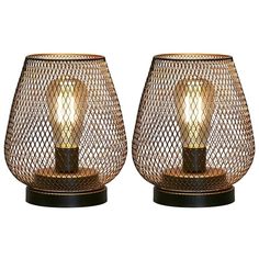 two brown wire lamps sitting next to each other