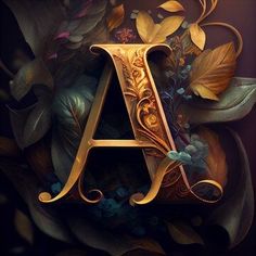 the letter a is surrounded by leaves and flowers on a dark background with gold lettering