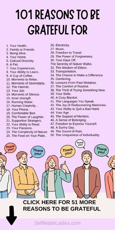 Infographic with title: 101 Reasons to Be Grateful For List Of Things To Manifest, Daily Gratitude Journal Ideas, Things To Be Grateful For List Of, Gratitude Journaling Ideas, Things To Be Grateful For, Gratitude Journal Ideas, Reasons To Be Grateful, Gratitude Ideas