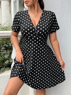 Plus Size Women's Knitted Polka Dot Pattern Short Sleeve A-Line Dress With Cinched Waist Black Casual  Short Sleeve Knitted Fabric Colorblock,Geometric,Polka Dot,All Over Print A Line Medium Stretch  Women Plus Clothing, size features are:Bust: ,Length: ,Sleeve Length: Polka Dot Pattern, Cinched Waist, Black Casual, Patterned Shorts, All Fashion, Plus Clothing, Eos, All Over Print, Plus Size Dresses