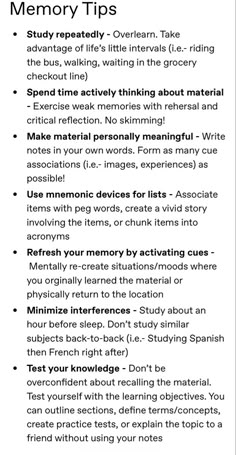 an image of a text description with the words memory tips written below it in black and white