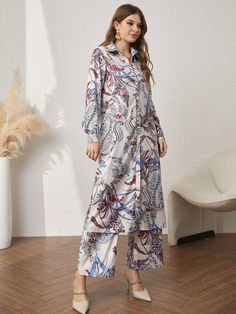 Plants Print Tunic Top & Pants | SHEIN USA Suits For Women Indian, Co Ords Outfits, Mock Neck Tank Top, Plants Print, Stylish Short Dresses, Fancy Kurti, Coord Set, Kurtis With Pants, Printed Tunic Tops