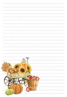 a paper with pumpkins, apples and sunflowers in it on top of a table