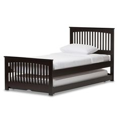 Baxton Studio Hevea Twin Size Dark Brown Solid Wood Platform Bed with Guest Trundle Bed FredCo Wood Twin Bed Frame, Kids Platform Bed, Wood Twin Bed, Trundle Bed Frame, Bed Dark, Twin Trundle Bed, Twin Trundle, Twin Platform Bed, Slatted Headboard