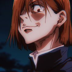 an anime character with red hair staring at the camera in front of a dark background