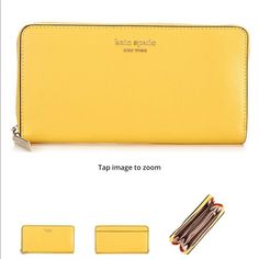 From Kate Spade New York, The Spencer Yellow Leather Zip Around Continental Wallet Features: Leather Zip Closure Interior: 12 Card Slots, 1 Zip Pocket, 2 Slide Pockets Exterior: Slide Pocket Approx. 5" H X 8" W X 1" D Color : Morning Light Cheap Everyday Yellow Wallets, Yellow Wallet For Everyday Use, Yellow Leather Travel Wallets, Classic Yellow Rectangular Wallet, Yellow Wallets With Card Slots For Daily Use, Kate Spade Card Holder, The Spencer, Quilted Wallet, Blue Wallet