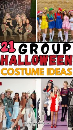 halloween costume ideas for adults and kids with text overlay that reads, 29 group halloween costume ideas