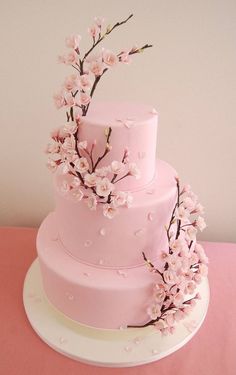 a three tiered cake with pink frosting and cherry blossoms on the top layer