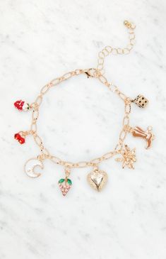 Bring a sweet touch to your look with the LA Hearts Strawberry Charm Bracelet. This bracelet is complete with a gold finish, an adjustable closure, and cute little charms.Gold chain designAdjustable lobster clasp closureCharm details LA Hearts Womens Strawberry Charm Bracelet - Gold Coquette Charm Bracelet, Strawberry Bracelet, Bracelets Aesthetic, Strawberry Charm, Gold Chain Design, Gold Charm Bracelet, Cute Bracelets, Jewelry Inspo, Bracelet Gold