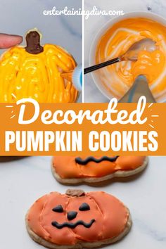 Decorated Pumpkin Cookies | Halloween Party Orange Royal Icing, Decorated Pumpkin Cookies, Pumpkin Cookies Decorated, Halloween Pumpkin Cookies, Decorated Pumpkin, Cookies Halloween, Pumpkin Sugar Cookies, Halloween Party Treats