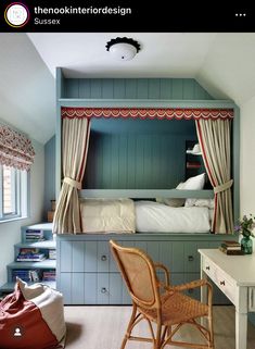 two pictures of a bedroom with bunk beds and chairs in it, one is empty