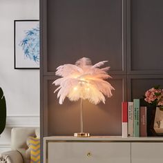 a lamp that is sitting on top of a dresser next to a book shelf and some books