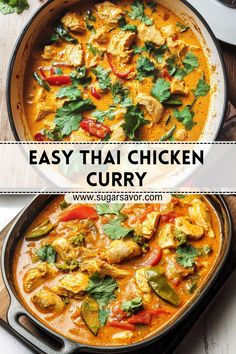 easy thai chicken curry in a skillet on a wooden table with text overlay