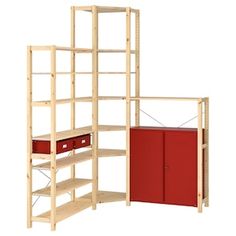 a wooden shelving unit with red drawers and shelves on each side, against a white background