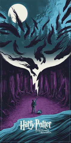 the poster for harry potter is shown in purple and blue, with an image of a man