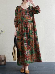 Women's Vintage Floral Dress A Line Crew Neck Cotton Linen Floral Holiday Dress Spring Floral Print Free Size Maxi Dress, Green Long Sleeve Floral Dress For Fall, Free Size Long Sleeve Dresses For Fall, Fall Floral Print Cotton Dress, Fall Cotton Floral Print Dress, Floral Print Free Size Tunic Dress, Fall Cotton Dress With Floral Print, Casual Free Size Dresses For Fall, Casual Free Size Fall Dresses