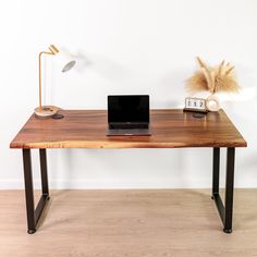 Front view of walnut wood computer desk with metal square legs in black Walnut Computer Desk, Live Edge Desk, Computer Stand For Desk, Desk With Drawer, Walnut Live Edge, Computer Desks For Home, Wood Computer Desk, Computer Desks, Study Sessions