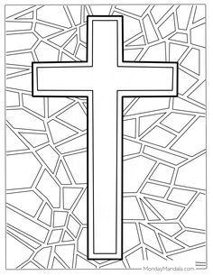 a coloring page with a cross in the center and an abstract background behind it,