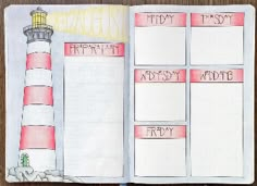 an open notebook with writing on it and a light house in the background, next to a pen