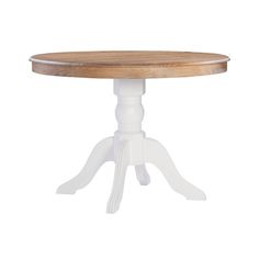 a round wooden table with white legs and an unfinished wood top, against a white background