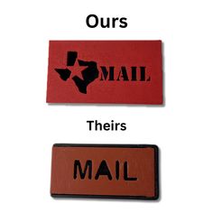 two magnets with the words mail and their names in black, red, and orange