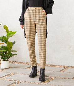 Willow & Root Plaid Trouser Pant - Brown/Khaki Large, Women's Tanblackcream Knit pant Inseam measures 27 Rise measures 12 13 bottom opening Elasticized waistband. 97% Polyester 3% Spandex. Hand wash cold. Do not bleach. Line dry/hang to dry. Cool iron.. WOMEN'S BOTTOMS SIZE CONVERSION CHART Waist (size) 22 23 24 25 26 27 28 29 30 31 32 33 34 36 38 Juniors - 00 0 1 3 5 7 9 11 13 15 - - - - US - - 00 0 2 4 6 8 10 12 14 16 18 20 22 S/M/L Sizing - XXS XS S S M M L L XL XXL XXL - - EU - - - - 32 34 3 Plaid Trousers Women, Fall Dress Pants With Elastic Waistband, Elastic Waistband Dress Pants For Fall, Beige Bottoms For Business Casual In Winter, Beige Workwear Bottoms With Belt Loops, Beige Bottoms For Winter Workwear, Beige Bottoms For Business Casual Winter, Beige Bottoms With Belt Loops For Work, Beige Pants With Elastic Waistband For Business Casual