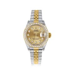 Pre-Owned Rolex Datejust Women's 26mm Automatic Stainless Steel Watch, 14kt, 18kt Gold. Experience the renowned luxury of a pre-owned Rolex with this Datejust women's watch from our partner, Swiss Crown USA. The timepiece features Swiss automatic movement, champagne dial with aftermarket diamond markers, 26mm case, aftermarket synthetic sapphire crystal, aftermarket 14kt yellow gold bezel with diamonds, 18kt yellow gold crown, and stainless steel and 18kt yellow gold jubilee bracelet that finish Classic Gold Diamond Watch With Brilliant Cut, Luxury Gold Diamond Watch With Brilliant Cut, Gold Diamond Watch With Brilliant Cut For Anniversary, Yellow Gold Jewelry With Diamond Accents, Yellow Gold Diamond Jewelry With Polished Finish, Yellow Gold Round Jewelry And Watches With Diamond Accents, Yellow Gold Jewelry And Watches With Diamond Accents, Gold Watch Bands With Diamond Hour Markers, Rolex Watches Women Gold