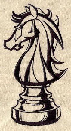 a black and white drawing of a horse head on a piece of cloth with the word,