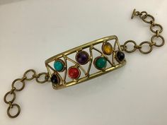 Mid century bracelet. Rounded soldered focus, with inset multicolored stones. Donut Shoes, Victorian Boots, Blue Sandals, Beautiful Soul, Chain Link Bracelet, Link Bracelets, Vintage Finds, Arm Band, Green And Gold