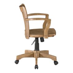 an office chair made out of wood with wheels and casteors on the armrests