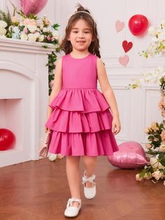 SHEIN Toddler Girls Layered Hem Dress | SHEIN USA Frock Designs For Girl, Rosa Barbie, Shein Kids, Simple Frocks