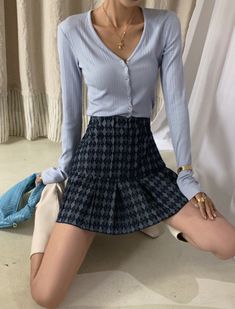 Blue Argyle Pleated Denim Skirt | Gowon - Loona L Kpop Dress, Blue Plaid Skirt, White Plaid Skirt, Pleated Denim Skirt, Gowon Loona, Long Flowy Skirt, Pleated Denim, Argyle Print, Fashion Chingu