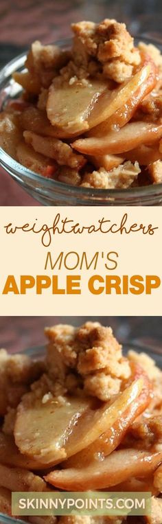 an apple crisp in a glass bowl with text overlay that reads, appetizing kitchen mom's apple crisp