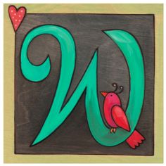 a red bird sitting on top of a green letter with a heart in it's beak