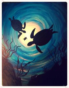 two sea turtles swimming in the ocean under a blue and white swirly night sky