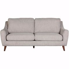 a light gray couch with wooden legs on a white background